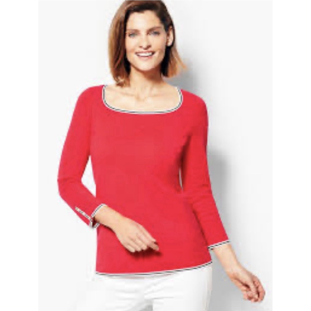 Talbots Red Square Neck 3/4 Sleeve Pearl Button  Knit Top XL Petite New $89.50‎